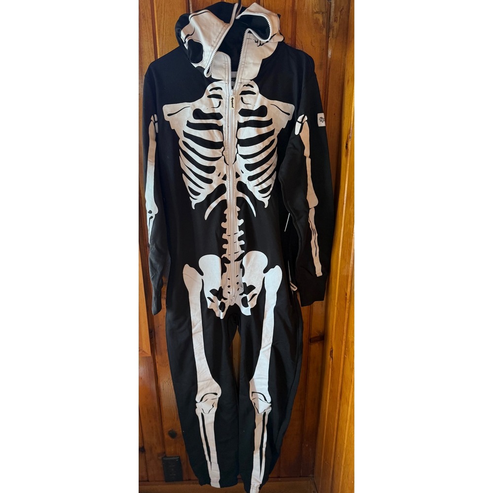 Tipsy Elves Mens‎ Skeleton Jumpsuit Small Black White Full Zip Hoodie Costume